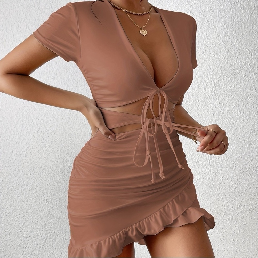 Out Ruffle Ruched Bodycon Mini Short Sleeve Tie Front Wrap Dress